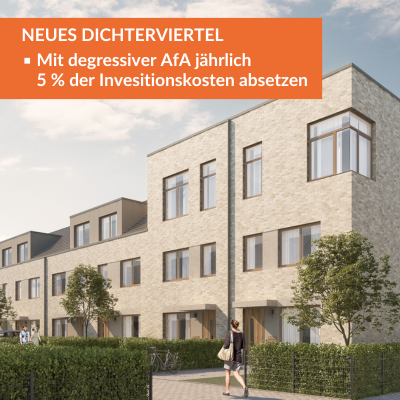 Kauf eines Reihenhauses im NEUEN DICHTERVIERTEL  in Hannover-Misburg. Für die Reihenhäuser können mit der degressiven AfA ebenfalls 5 % der Investitionskosten abgesetzt werden.